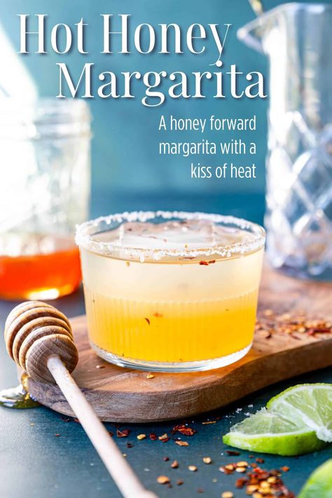 A delish Hot Honey Margarita recipe that is super honey forward w/ a nice kiss of heat, yet is still recognizable as a margarita w/ flavors of lime & tequila. Hot Honey Cranberry Margaritas, Hot Honey Margarita, Honey Margarita, Cointreau Margarita, Tequila Soda, Cranberry Margarita, Hors Doeuvres, Special Drinks, Jalapeno Margarita