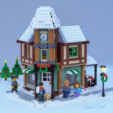 My modified version of the Winter Village train station set. To match the scale of the rest of my village, it needed another floor! Village Train Station, Lego Pics, Lego Gingerbread House, Creator Inspiration, Lego Plans, Cafe Corner, Christmas Lego, Lego Christmas Village, Lego Winter Village