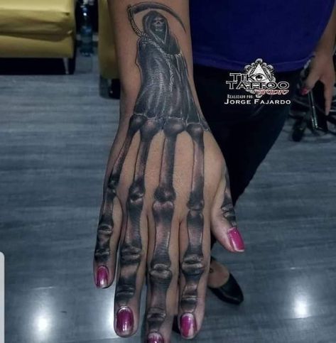 Foe Tattoos, Jack Skellington Tattoo, Protection Tattoo, Skull Rose Tattoos, Stomach Tattoos Women, Family Tattoo Designs, Pretty Hand Tattoos, Hand Tats, Religious Tattoo