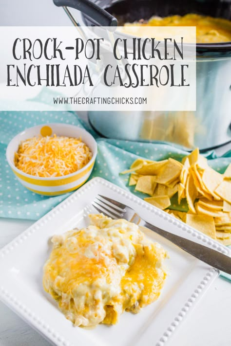 Enchilada Casserole Crockpot, Crockpot Chicken Enchilada Casserole, Crockpot Chicken Enchiladas, Chicken Enchilada Casserole, Crock Pot Chicken, Enchilada Casserole, Chicken Enchilada, Feed A Crowd, Enchilada Recipes