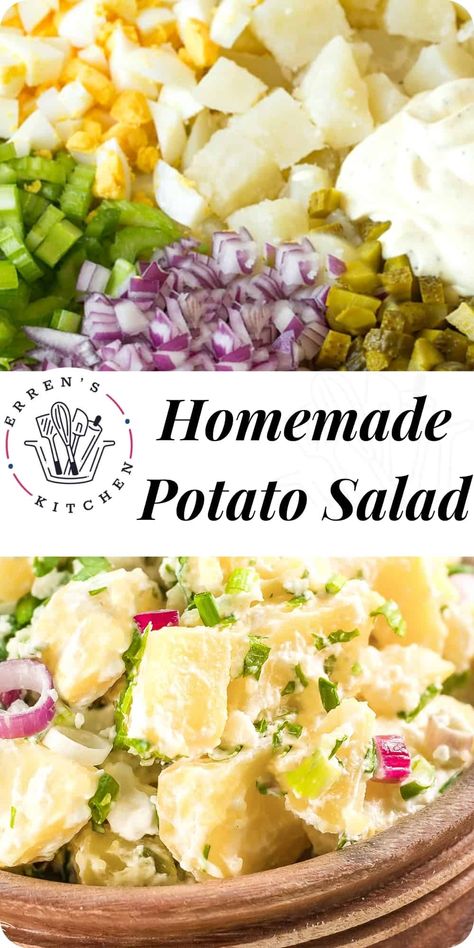 An easy summer side dish everyone will enjoy - Creamy potato salad full of zesty flavor made with pickles, celery, red and green onions, and hard boiled eggs. Zesty Potato Salad, Sour Cream Potato Salad Recipes, Potato Salad With Celery, Potato Salad With Pickles, Homemade Potato Salad, Salad With Egg, Potato Salad Recipes, Best Potato Salad, Potatoe Salad