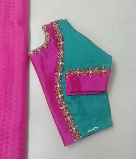 Net Blouse Work Designs Latest, Double Colour Saree Blouse Design, Double Colour Blouse Design, Double Colour Saree, Neck Types, Simple Aari Work Blouse Design, Simple Aari Work Blouse, Blouse Design Aari Work, Simple Aari Work