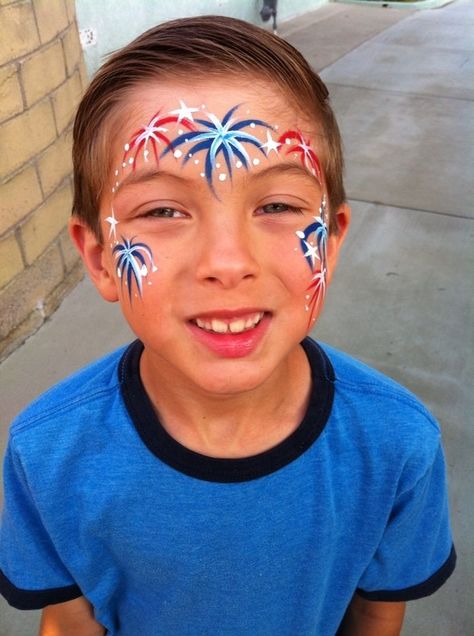 4th of July Face Painting - great party co Quick And Easy Face Painting Ideas, 4th Of July Facepainting, Patriotic Face Painting Ideas, Fourth Of July Face Paint Ideas, Red White And Blue Face Paint, Firework Face Paint, America Face Paint, Patriotic Face Paint, 4th Of July Painting