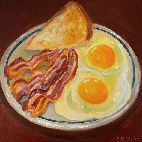 Bacon, eggs and toast oil painting, still life, original painting on canvas, breakfast painting, food and drink oil painting, daily painting, oil on canvas, original painting, still life paintings, realistic art, realism, art deco, bacon and eggs oil painting, bread oil painting Painting Bread, Bacon Drawing, Breakfast Painting, Eggs And Toast, Bread Oil, Painting Food, Oil Painting Still Life, Bacon Eggs, Food Painting