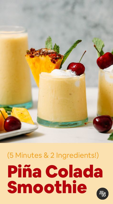 CREAMY Pina Colada Smoothie! 2 ingredients, no sugar added, options for boozy and virgin! #pinacolada #smoothie #plantbased #glutenfree #recipe #minimalistbaker Boozy Smoothie, Creamy Pina Colada, Pineapple Tarts Recipe, Piña Colada Smoothie, Dessert For Kids, Fresh Juice Recipes, Smoothie Coffee, Pineapple Tarts, Pina Colada Smoothie