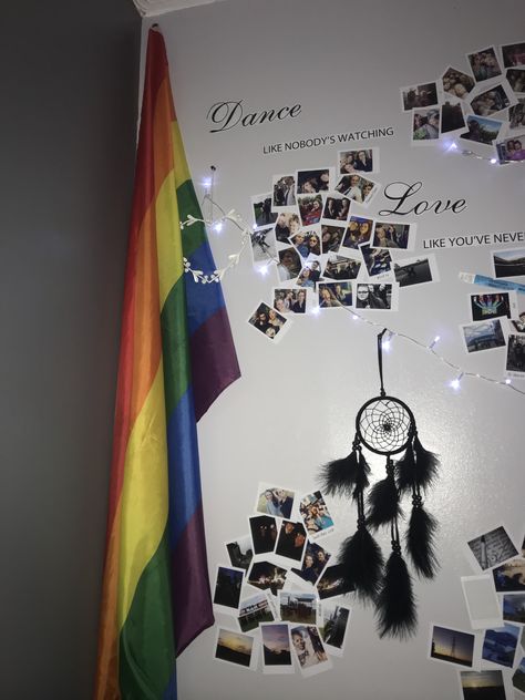 One of the ways I’ve hung my pride flag in my room Pride Flags In Bedrooms, Pride Flag On Ceiling, Pride Flag Decor, Pride Flag In Bedroom, Pride Room Decor Diy, Pride Flag Room Decor, Pride Flag On Wall, Pride Flag In Room, Flags On Wall