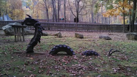 Tractor-tire dragon Diy Planters Outdoor, Backyard Creations, Dragon Garden, Tire Art, Outdoor Play Spaces, Tractor Tire, Teepee Kids, Garden Whimsy, Bike Art