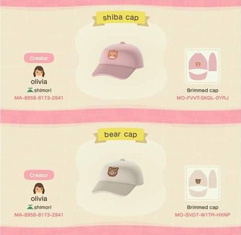 Acnh Hat Design, Cute Baseball Caps, Acnh Custom Design, Acnh Custom Designs, Acnh Clothes, Animals Crossing, Acnh Designs, Animal Crossing Qr Codes Clothes, Qr Codes Animal Crossing