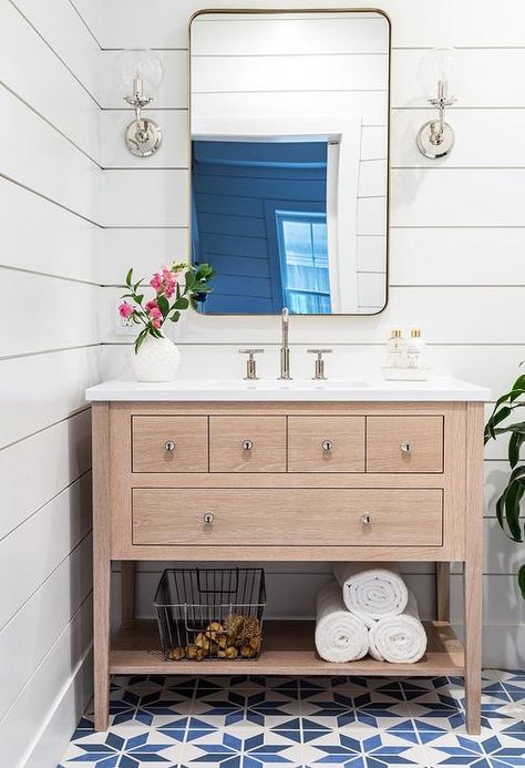 Light Oak Sink Vanity with Curved Brass Mirror - Transitional - Bathroom Florida Kitchens, Black And White Tile, Cement Tile Floor, Coastal Bathroom, Small Bathroom Vanities, Rustic Coastal, Basement Apartment, Bad Inspiration, White Shiplap