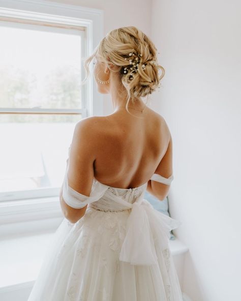 Hairstyles For Backless Dress, Strapless Wedding Dress Hair, Natalie Zacek, Natalie Downey, Strapless Dress Hairstyles, Wedding Hair Up, Open Back Wedding Dress, Bridal Updo, Dress Hairstyles