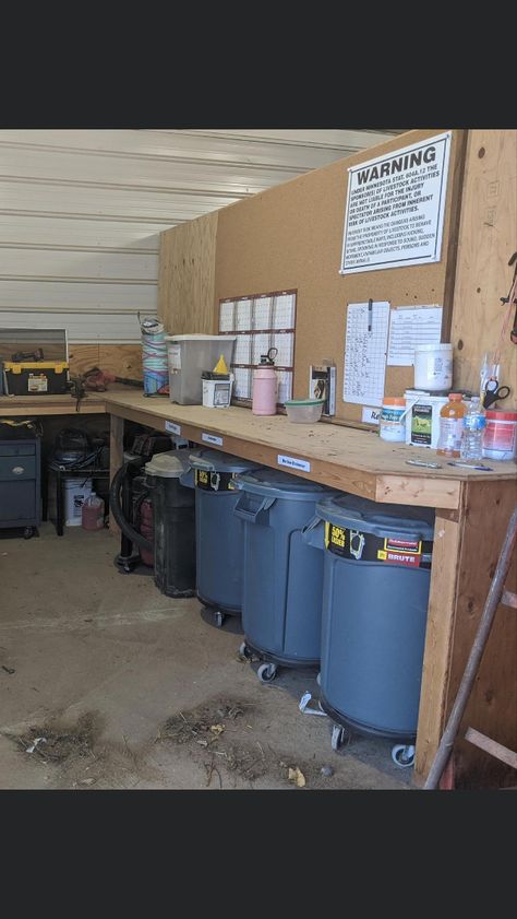 Feed Storage Ideas Livestock, Barn Organization, Feed Room Organization, Feed Room, Feed Room Ideas Barn, Horse Feed Storage, Barn Organization Ideas, Horse Feed Room, Horse Barn Decor