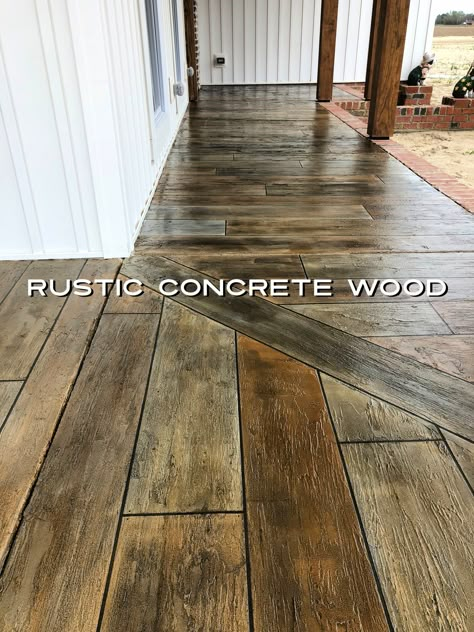 How To Stain Concrete Patio To Look Like Wood, Wood Stained Concrete Patio, Wood On Concrete Porch, Concrete Wood Floor Stamped, Stained Concrete Wood Look, Stamped And Stained Concrete, Wood Stamped Concrete Porch, Stained Concrete Floors Wood Look, Cabin Concrete Floors