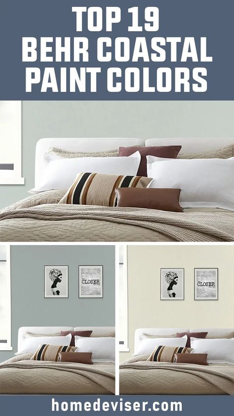 Top 19 Behr Coastal Paint Colors for a Fresh Beachy Feel Behr Gentle Sea Paint, Coastal Bedroom Colors Colour Schemes, Behr Calming Paint Colors, Behr Coastal Paint Colors Bedroom, Behr Bedroom Colors, Ocean Boulevard Behr Paint, Behr Beach Color Palette, Behr Watery Paint Color, Behr Paint Color Schemes