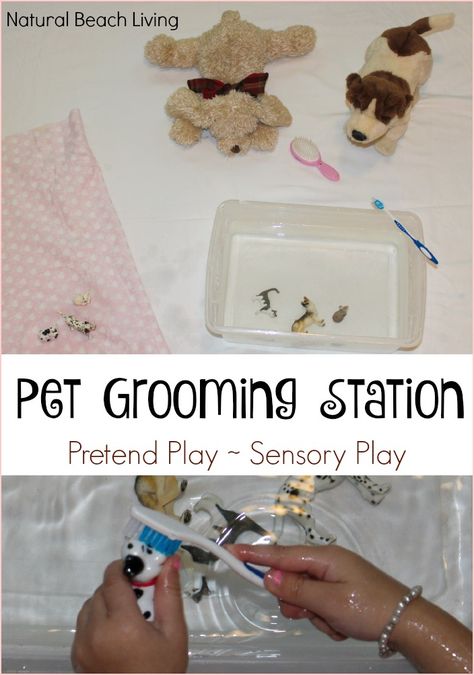 Perfect Sensory Play, Pretend Play and teaching care for animals with this Super Cute and Easy Pet Grooming Station for Kids, Love It! Pet Grooming Station, Grooming Station, Pets Preschool Theme, Dramatic Play Preschool, Easy Pets, Play Pretend, Toddler Classroom, Dramatic Play Centers, Creative Curriculum