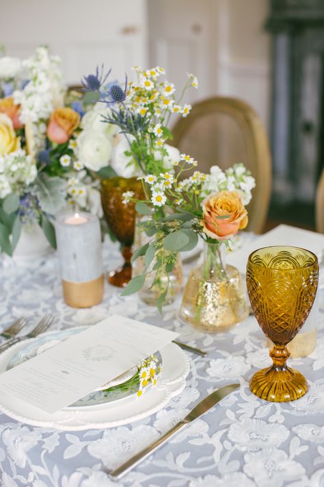 Dusty Blue And Marigold Wedding, Table Set Ups, Wedding Table Set, Marigold Wedding, Gold Table Setting, Blue Table Runner, Authentic Wedding, Blue Amber, Table Set Up