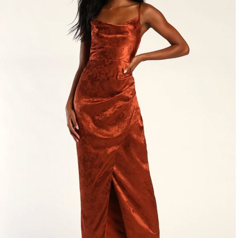 Never Worn Xs / Rust Orange Bought It For A Friend's Wedding But Ended Up Wearing A Different Dress. Orange Satin Dress, Pink Lace Maxi Dress, Orange Cocktail Dresses, Rust Color Dress, 70 Outfits, Copper Dress, Orange Bridesmaid, Floor Length Maxi Dress, Blush Gown