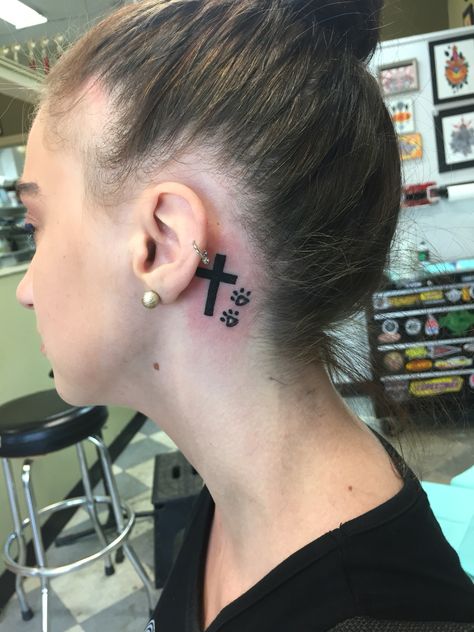 Ear tattoo, cross and paw prints! Cross With Paw Print Tattoo, Tattoo Cross, Cross Tattoo, Paw Prints, Ear Tattoo, Behind Ear Tattoo, Print Tattoos, Paw Print Tattoo, Paw Print