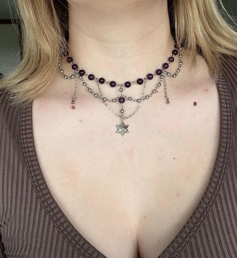 ‘Vienna’ Necklace 💜 made with amethyst beads, stainless steel beads, stainless steel findings, and stainless steel chain 34cm + 7cm extension chain available now, link in bio ✨ #explorepage #jewelry #necklace #handmade Jewellery Gift Ideas, Dark Beaded Necklace, Bead And Chain Necklace, Necklace Ideas Handmade, Handmade Necklace Ideas, Diy Beaded Necklace, Faery Jewelry, Coquette Jewelry, Skateboard Photos