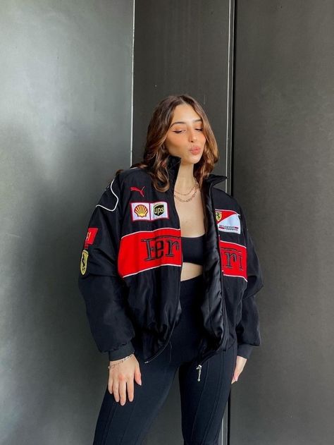 Ferrari F1 Jacket Outfit, Race Girl Outfit, Ferrari Jacket Outfit Women, Black Ferrari Jacket, Vintage Ferrari Jacket, Racer Jacket Outfit Women, Ferrari Jacket Outfit, Ferrari Merch, Racing Jacket Outfit