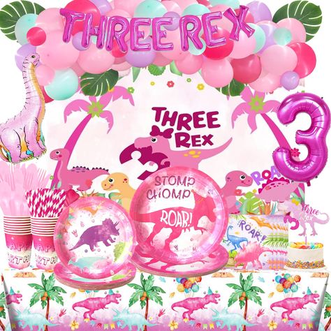 PRICES MAY VARY. 🦖 THE BEST THIRD DINOSAUR PARTY – Kids of all ages love dinosaurs. So, planning the perfect party with a dinosaur theme is a fantastic way to celebrate your daughter's third birthday! The elements of dinosaurs and pink features are dreamy and perfectly match your party. Welcome to the pink dinosaur world. 🍃 THREE REX BIRTHDAY PARTY DECORATIONS INCLUDES - 42 x 12’’ latex balloons | 12 x 5’’ latex balloons | 4 x artificial leaves | 11 x foil balloons | 1 x backdrop | 1 x tablecl Three Rex Birthday Party Girl, Dinosaur 3rd Birthday Party, Three Rex Birthday Party, Dinosaur 3rd Birthday, Garland Leaves, Three Rex Birthday, Third Birthday Girl, Girl Dinosaur Birthday, Girls 3rd Birthday