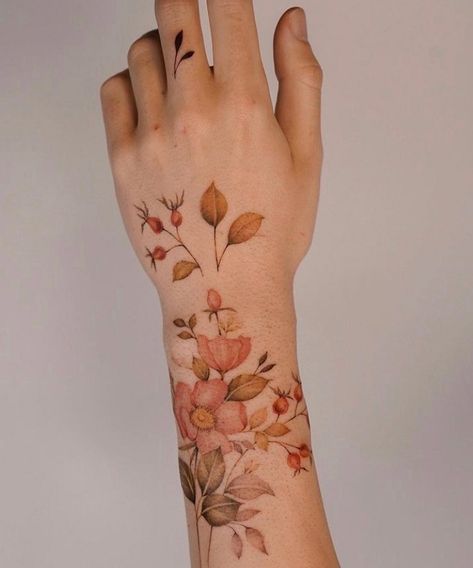 Soft Floral Sleeve Tattoo, Vintage Color Tattoo, Muted Color Tattoo, Brown Floral Tattoo, Color Plant Tattoo, Earth Tone Tattoo, Sepia Tattoos, Vintage Floral Tattoos Forearm, Pressed Flower Tattoo