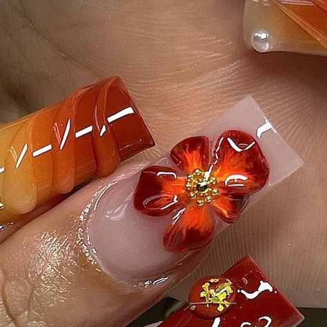 @_slayedbyjayde on Instagram: "I meannn 🥹🌅🌺  inspired by: @goldenlukkss  #slayedbyjayde 💅🏽 #nails #nailsofinstagram #CTnails #rhinestonenails #airbrushnails #chromenails  #flowernails #megantheestallion #squarenails #freestylenails #3dnails #nailfie #lanails #lanailtech #atlnailtech #y2knails #nycnailtech #nycnails  #blingnails #celebritynailtech #auranails #airburshnails #pearlnails #explore #springnails #orangenails #goldnails #yellownails #setroulette" Red Orange Nails, Boujee Nails, Nyc Nails, Airbrush Nails, Pearl Nails, Soft Nails, Long Square Acrylic Nails, Orange Nails, Square Acrylic Nails