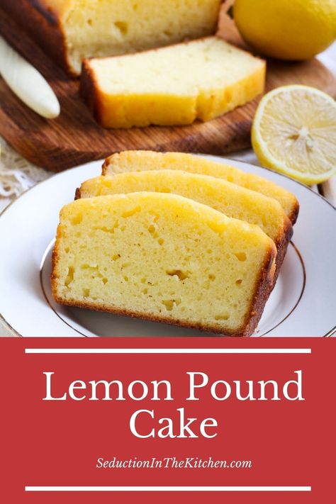 Do you want a pound cake recipe? Lemon pound cake is an easy pound cake loaf recipe. The lemon flavor really makes this pound cake recipe stand out. | SeductionInTheKitchen.com #poundcake #lemonflavor #cakerecipe 4 Ingredient Lemon Pound Cake, Summer Pound Cake, Lemon Pond Cake, Pound Cake Loaf Recipe, 8x8 Cake Recipe, Easy Lemon Pound Cake Recipe, Lemon Pound Cake From Scratch, Pound Cake Loaf, Pond Cake