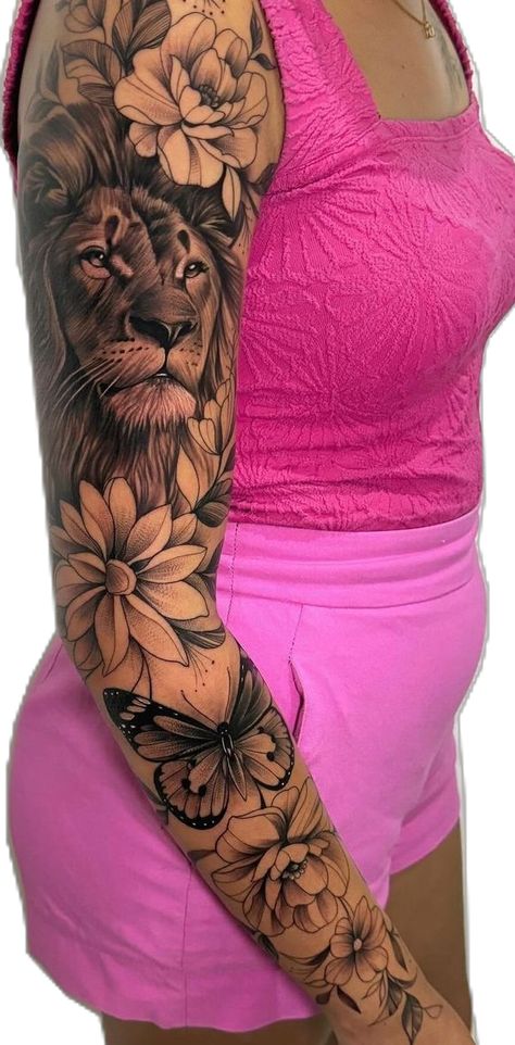 Lion And Flowers Tattoo For Women, Lion With Flowers Tattoo For Women, Women’s Lion Sleeve Tattoo, Floral Lioness Tattoo For Women, Lion With Flowers And Butterfly Tattoo, Chameleon Tattoo, Stag Tattoo, Full Hand Tattoo, On Tattoo