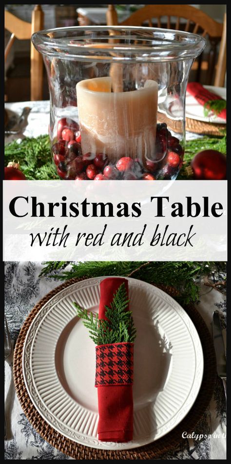 Christmas Table Settings With Black Table Cloth, After Christmas Decorating Ideas, Table Settings Everyday, Pretty Table Settings, Christmas Dining Table Decor, Christmas House Tour, Christmas Table Setting, Buffalo Print, Christmas Dining Table