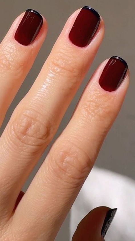 27 Dark, Short Nail Ideas for the Ultimate Moody Manicure Dark Short Nails Gel, Black Nail Color Ideas, Red Dark Nails Design, Short Tips Nails Gel, Extra Short Nails Gel, Short Oval Nails Dark, Short Dark Gel Nails, Short Vampy Nails, Short Red Gel Nails Ideas