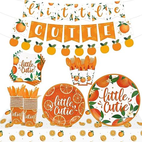 Orange Baby Shower Plates, Orange Theme Party Supplies with Neutral Little Cutie Banner and Cutlery, Birthday Tableware Sets for Kids, Serve 20 Orange Baby Shower Decorations, Orange Birthday Parties, Baby Shower Plates, Orange Birthday, Orange Baby Shower, Orange Party, Fruit Party, Cake Banner Topper, Orange Baby