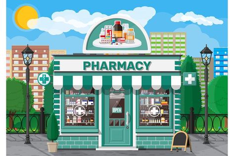 Pharmacy Pictures, Christmas Lights Background, Pharmacy Store, Green Leaf Background, Gift Vector, Real Estate Signs, Pharmacy Design, Christmas Landscape, Shop Buildings