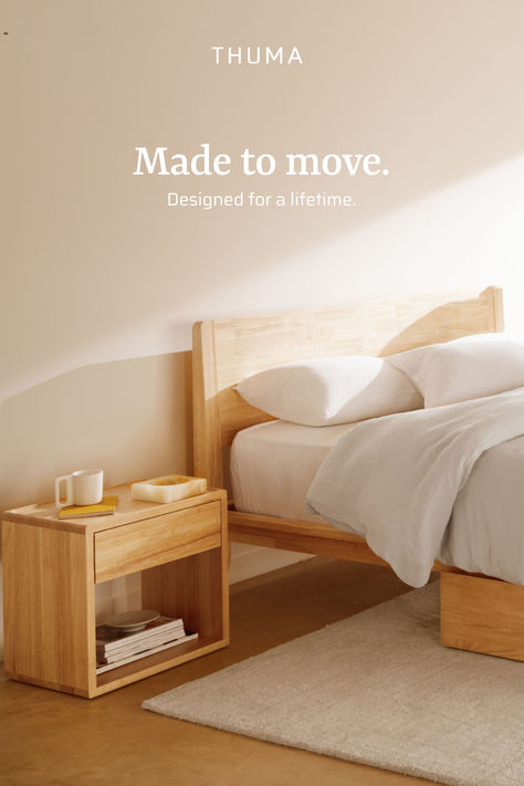 Built to last and move, as needed. Thuma Bed, Modern Wood Bedroom, Sustainable Bedroom, Joinery Furniture, Dream Condo, Japanese Joinery, Wood Bedroom Furniture, Paper Mill, Built To Last