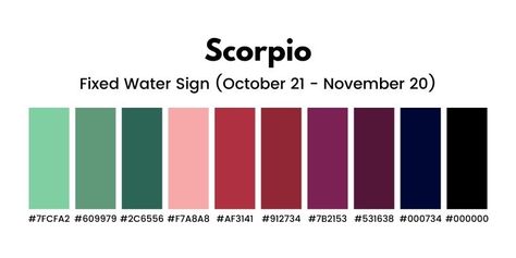 Scorpio Colour Palette, Scorpio Color Palette, Astrology Color Palette, Scorpio Colors, Zodiac Color Palette, Venus Scorpio, Scorpio Color, Scorpio Style, Zodiac Signs Colors