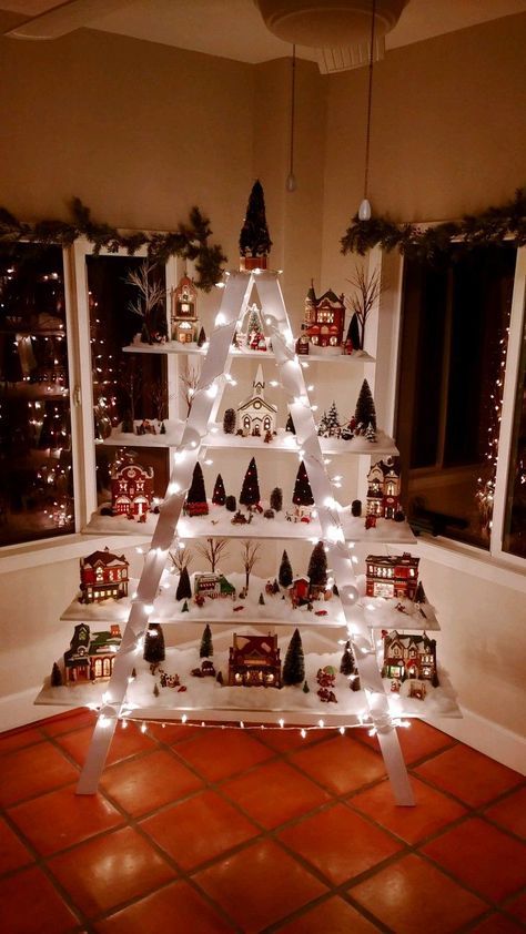 Christmas Village Ladder Display, Christmas Village Display Ideas Diy Easy, Ways To Display Christmas Village, Christmas Village Display Ideas Diy, Tree Ladder, Christmas Village Tree, Christmas Ladder, Christmas Tree Village Display, Diy Christmas Village Displays