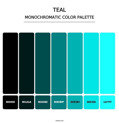 Teal - Monochromatic Color Palette Teal Color Palettes, Green Color Palettes, Draw A Hexagon, Pantone Color Guide, Green Monochromatic, Teal Color Palette, Teal Color Schemes, Color Generator, Analogous Color Scheme