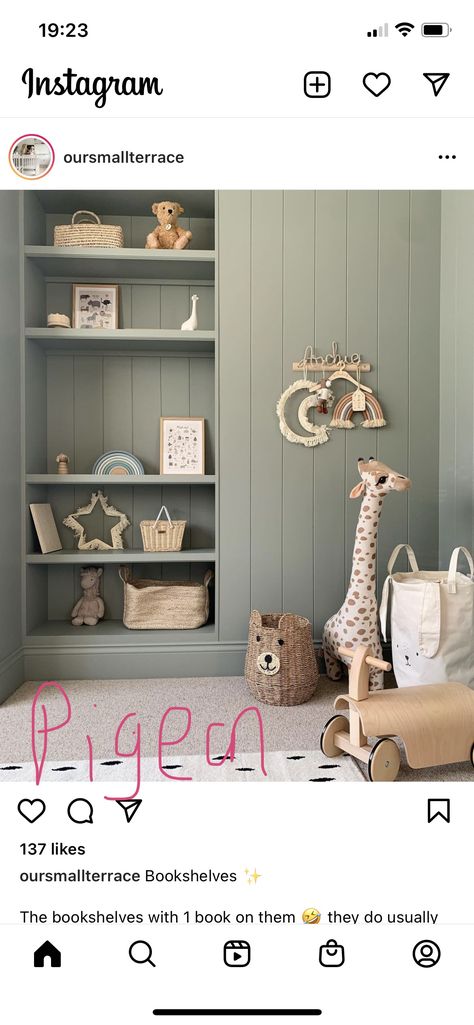 Farrow And Ball Pigeon Nursery, Farrow And Ball Nursery, Pigeon Paint Color, Farrow And Ball Pigeon, Farrow And Ball, Paint Color, Corner Bookcase, Pigeon, Shelving Unit