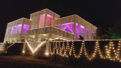 Diwali House Lighting Outdoor, Diwali Lights Decoration House, Shadi Decor, First Birthday Decorations Boy, Chaturthi Decoration, House Lighting Outdoor, Diwali Light, Lighting House, Urdu Calligraphy