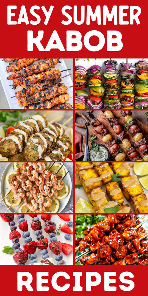 Collage of summer kabob recipes, including chicken kabobs, shrimp, kabobs, pork kabobs, beef kabobs, and vegan kabobs on the grill, in the oven, air fryer, and on the Blackstone. Kabob Recipes Oven, Vegetarian Kabobs, Recipes For The Oven, Fruit Side Dishes, Vegan Kabobs, Summer Kabobs, Marinade Ideas, Kabobs Recipes, Kabobs On The Grill