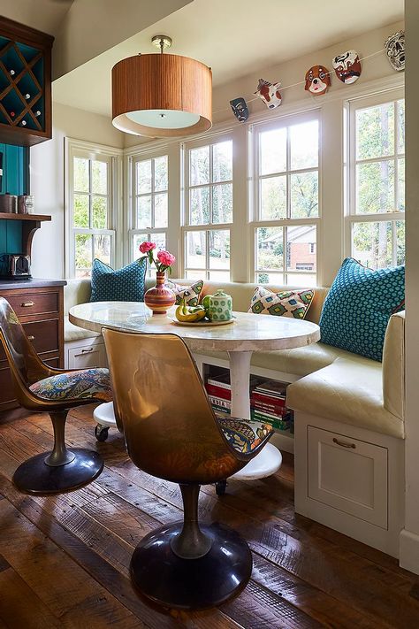 Kitchen Nook Design, Fran Keenan, Marble Tulip Table, Dining Nooks, Maximalist Kitchen, Nook Design, Office Goals, 1st House, Built In Banquette