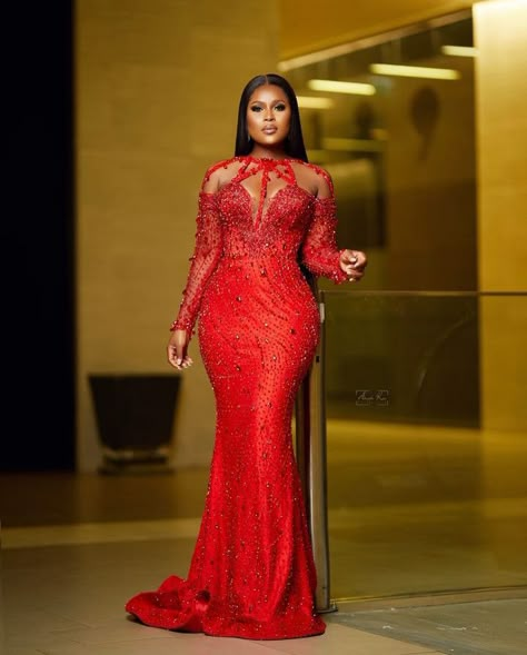 Red Lace Gown Styles Nigerian, Red Lace Asoebi Styles, Red African Wedding Dress, Red Asoebi Lace Styles, Reception Gown For Bride In Nigeria, Bridal Reception Dress Nigeria, Red Dinner Gown, Red Dress Classy Elegant Long, Red Dinner Dress