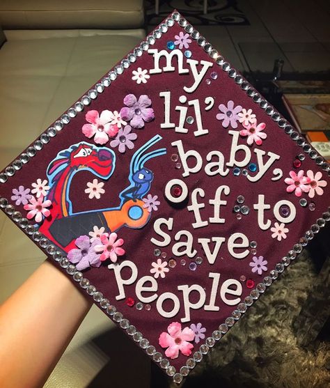 Mulan Graduation Cap, Disney Grad Caps, Nurse Graduation Cap Designs, Grad Cap Decoration, Disney Graduation Cap, Funny Graduation Caps, Creative Graduation Caps, Graduation Cap Ideas, Nurse Graduation Cap