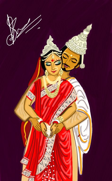 Bengali Bride And Groom Cartoon, Bengali Bride Illustration, Bengali Wedding Painting, Bengali Bride Groom Illustration, Bengali Wedding Illustration, Bengali Bride And Groom, Kula Art, Kulo Painting, Marriage Frame