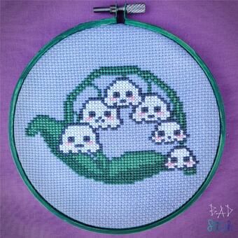 This is a beginner-friendly design of lily of the valley flowers, but with a spooky vibe. The printed pattern is in full color and the finished design is easily finished in standard sized frames. Pattern is shown in full color blocks with symbols.  Pattern is stitched on the fabric of your choice using DMC threads. Stitch count is 62w x 49h. Cross Stitch Lily, Cottagecore Cross Stitch, May Flower, Kawaii Cross Stitch, Thread Crafts, Halloween Cross Stitch, Owl Cross Stitch, Halloween Cross Stitch Patterns, Kawaii Faces