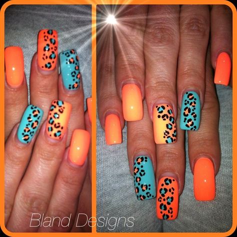 neon+peach++turquoise!+ Turquoise Orange Nails, Orange Turquoise Nails, Turquoise And Orange Nails, Coral And Teal Nails, Orange And Teal Nails, Teal And Orange Nails, Turquoise Nail Designs, Neon Nail Art Designs, Leopard Nail Designs