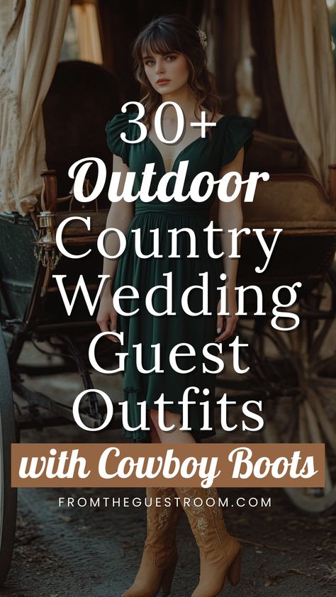 a woman wears country wedding guest outfit with cowboy boots, western outfits Boots To A Wedding As A Guest, Cowboy Ball Outfit, Country Casual Outfits Wedding, Western Guest Wedding Outfit, Black Cowboy Boots And Dress Outfit, Grand Old Opry Outfit, Wedding Guest Country Outfit, Texas Wedding Outfit Guest, Rancho Wedding Mexican Outfit Guest