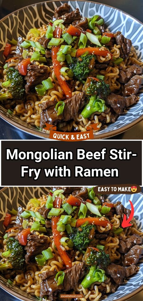 Ingredients: 1 lb flank steak, thinly sliced against the Ramen Noodle Recipes Beef, Beef Ramen Stir Fry, Sliced Steak Recipes, Noodles Seasoning, Mongolian Beef Ramen, Mongolian Noodles, Mongolian Beef Noodles, Beef Ramen Recipe, Beef Ramen Noodle Recipes