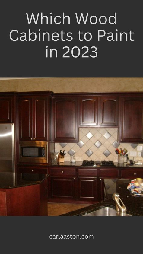 Painting Traditional Kitchen Cabinets, Kitchen Mahogany Cabinets, Cherry Cabinets Makeover, Refinishing Cherry Cabinets, Painting Cherry Kitchen Cabinets, Cherry Stained Kitchen Cabinets, Two Toned Kitchen Cabinets Wood, Updating Cherry Cabinets Kitchen, Mahogany Cabinets Kitchen