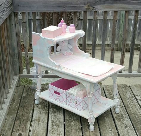 Side table made into distressed light pink, blue, and white child's play changing table for dolls. By Angie Hovorka Diy Doll Changing Table, Play Nursery For Dolls, Diy Baby Doll Furniture, Baby Doll Play Area, Babydoll Accessories, Baby Doll Changing Table, Diy Babydoll, Doll Changing Table, Baby Doll Furniture