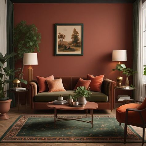 Terracotta Lounge Room, Terracotta Room Color, Terracotta Accents Living Room, Dark Green And Terracotta Living Room, Army Green Living Room, Caramel Leather Couch Living Room Ideas, Dark Academia Mid Century Modern, Terracotta Walls Living Room, Terracotta And Green Living Room